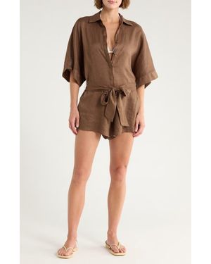 Elan Linen Cover-Up Romper - Brown
