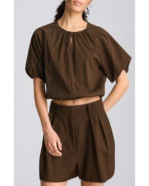 Kenneth Cole Shirred Raglan Sleeve Crop Bubble Hem Cotton Blend Top - Brown