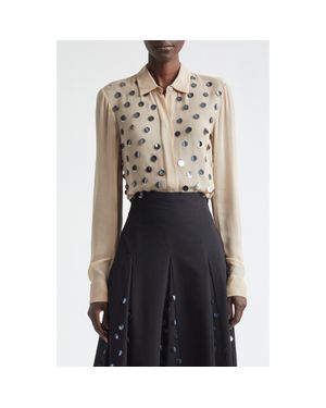 Lela Rose Paillette Embroidered Georgette Button-Up Shirt - Gray