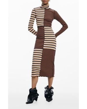 Desigual Colorblock Stripe Rib Turtleneck Long Sleeve Dress - Brown