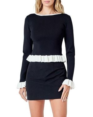 Endless Rose Rib Contrast Ruffle Trim Top - Blue