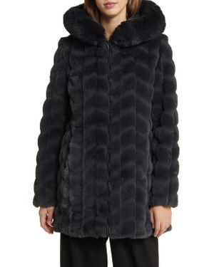 Via Spiga Grooved Faux Fur Hooded Coat - Black