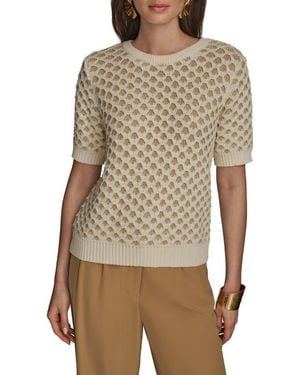 Donna Karan Honeycomb Short Sleeve Open Stitch Sweater - Brown