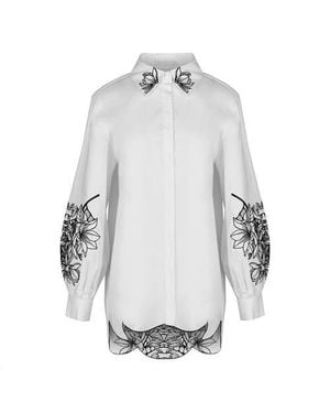 Anne Fontaine Shirt Leonie Long Sleeve Cotton Poplin Shirt With Embroidered Flowers - Gray