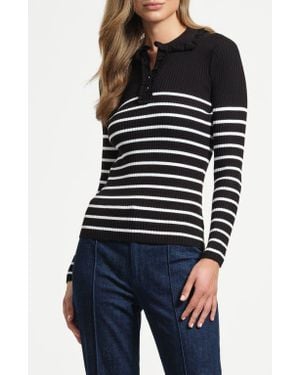 Isaac Mizrahi New York Stripe Ruffle Rib Polo Sweater - Blue