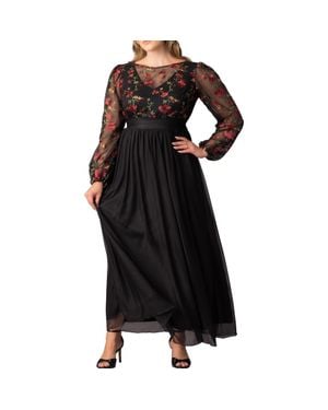 Kiyonna Floral Embroidered Long Sleeve Empire Waist Mesh Gown - Black