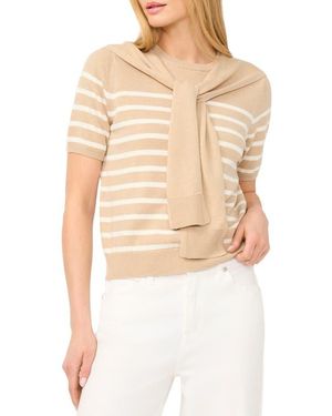 Halogen® Stripe Shoulder Wrap Short Sleeve Sweater - Natural
