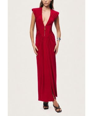 Nocturne Ruched Deep V-Neck Maxi Dress - Red