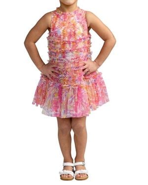 Mac Duggal Girls Floral High Neck Sleeveless Ruffled Dress - Pink