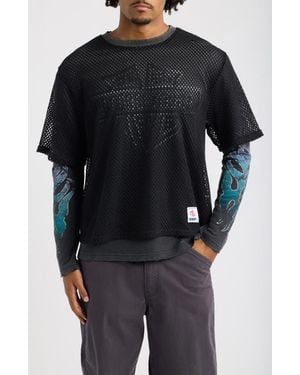 Memory Lane Mesh Overlay Long Sleeve Graphic T-Shirt - Black