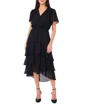 Vince Camuto Four Tiered Flutter Sleeve Chiffon Midi Dress - Black