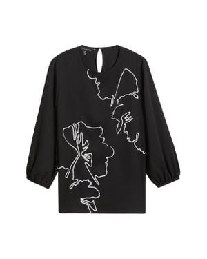 Ming Wang Floral Embroidered Popover Top - Black