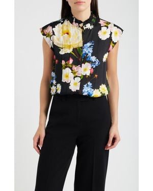 Tahari The Chloe Moon Flower Silk Blend Button-Up Shirt - Black