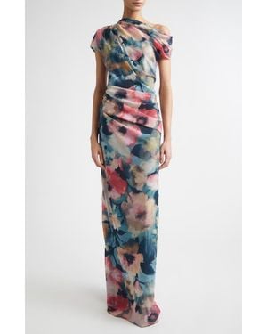 Lela Rose Abstract Floral Draped Asymmetric One-Shoulder Chiffon Gown - Blue
