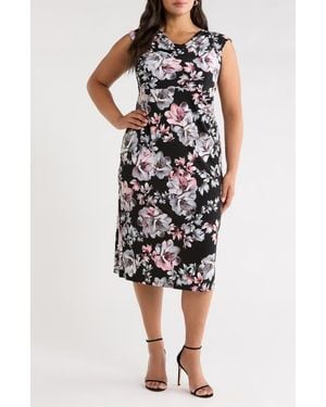 Connected Apparel Floral Cowl Neck Cap Sleeve Midi Dress - Black