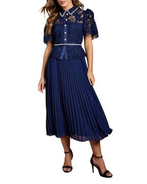 Coast Lace Top Pleat Skirt Jewel Button Dress - Blue