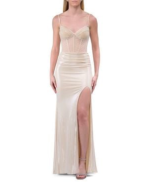 La Femme Metallic Prom Dress With Intricate Ruched Corset Top - Multicolor