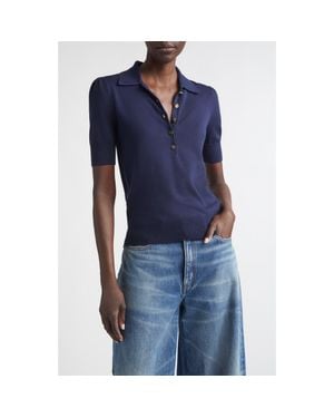 St. John Fallon Silk & Cotton Blend Polo Sweater - Blue