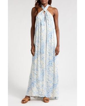 Elan Stripe Cover-Up Halter Maxi Dress - Blue