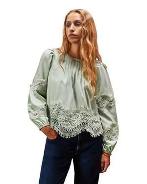 Ro&zo Lace Panel Insert Long Sleeve Blouse - Green