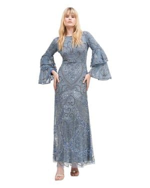 MARYISA Occasion Modest Embellished Sequin Beaded Double Sleeves Evening Maxi Dress - Blue