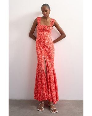 TOPSHOP Button Front Cap Sleeve Maxi Dress - Red
