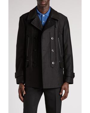 Tom Ford Leather Trimmed Brushed Cotton Satin Peacoat - Black