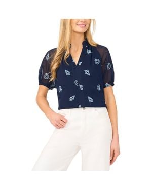 Cece Embroidered Ruffle Puff Sleeve Top - Blue