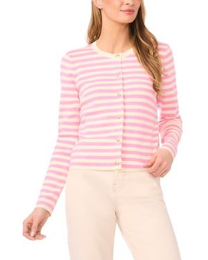 Halogen® Stripe Crewneck Cardigan - Pink