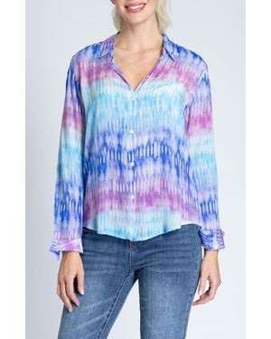 Apny Print Roll-Up Sleeve Chiffon Button-Up Shirt - Blue
