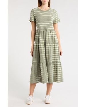Marine Layer Luxe Stripe Sueded Cotton Tiered Midi Dress - Green