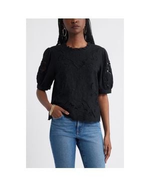 Treasure & Bond Embroidered Cutwork Puff Sleeve Linen Blend Top - Black