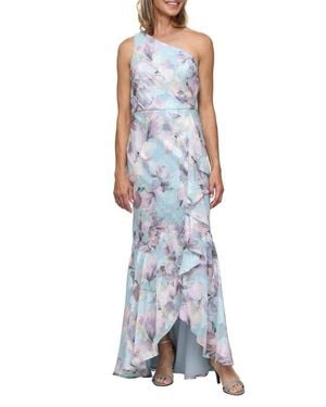 Alex Evenings One-Shoulder Floral Print Burnout Chiffon Gown - Blue
