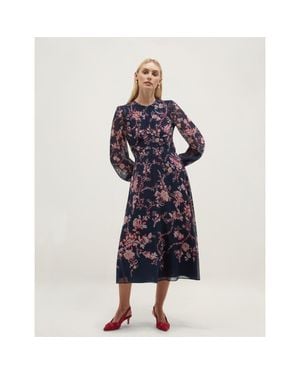 Hobbs Demi Floral Print Silk Midi Dress - Blue