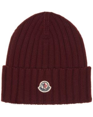 Moncler Logo Patch Rib Wool Beanie - Red