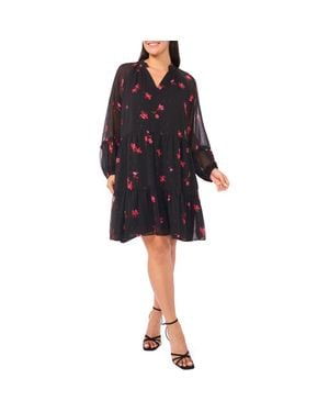 Cece Metallic Fleck Floral Long Sleeve Babydoll Dress - Black