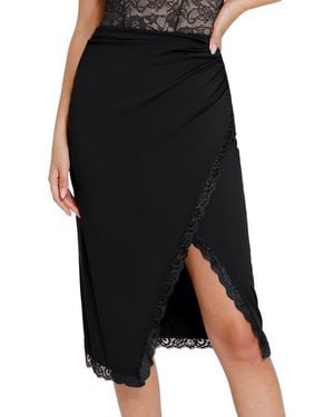 Popilush Shapewear Slimming Lace Trim Midi Wrap Skirt - Black