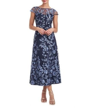 JS Collections Meredith Floral Embroidery A-Line Dress - Blue