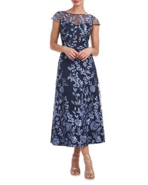 JS Collections Meredith Floral Embroidery A-Line Dress - Blue