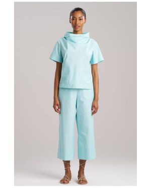 Natori Techno Poplin Short Sleeve Funnel Neck Top - Blue