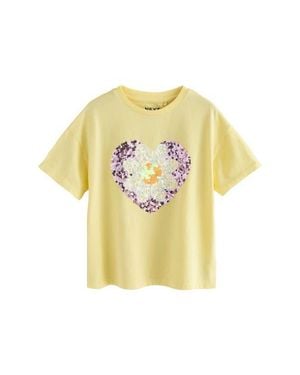 Next Kids' Daisy Heart Sequin Cotton T-Shirt - Yellow