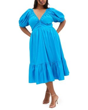 City Chic Grace Puff Sleeve Midi Dress - Blue