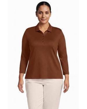 Lands' End Plus Size Supima Cotton 3/4 Sleeve Polo Shirt - Brown