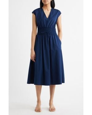 Spanx Smock Waist V-Neck Cotton Midi Dress - Blue