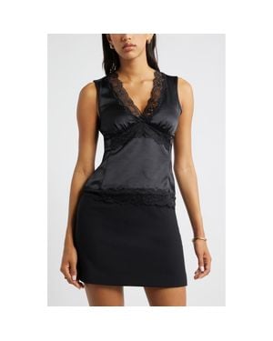 Open Edit Lace Trim Satin Tank - Black