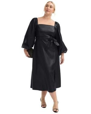 June + Vie Puff Sleeve Faux Leather Midi Dress - Black