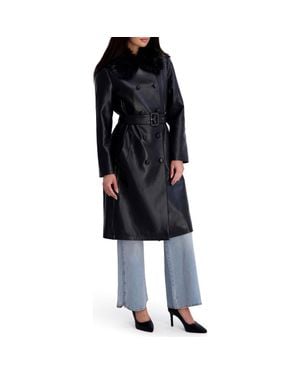 Kenneth Cole Faux Leather Trench Coat With Faux Fur Collar - Black