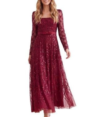 Needle & Thread Bow Lattice Long Sleeve Sequin Gown - Red