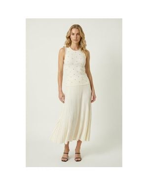 Modenaire Pearl Embellished Pleated Midi Sleeveless Dress - Natural