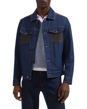 Bugatchi Leather Trim Denim Trucker Jacket - Blue